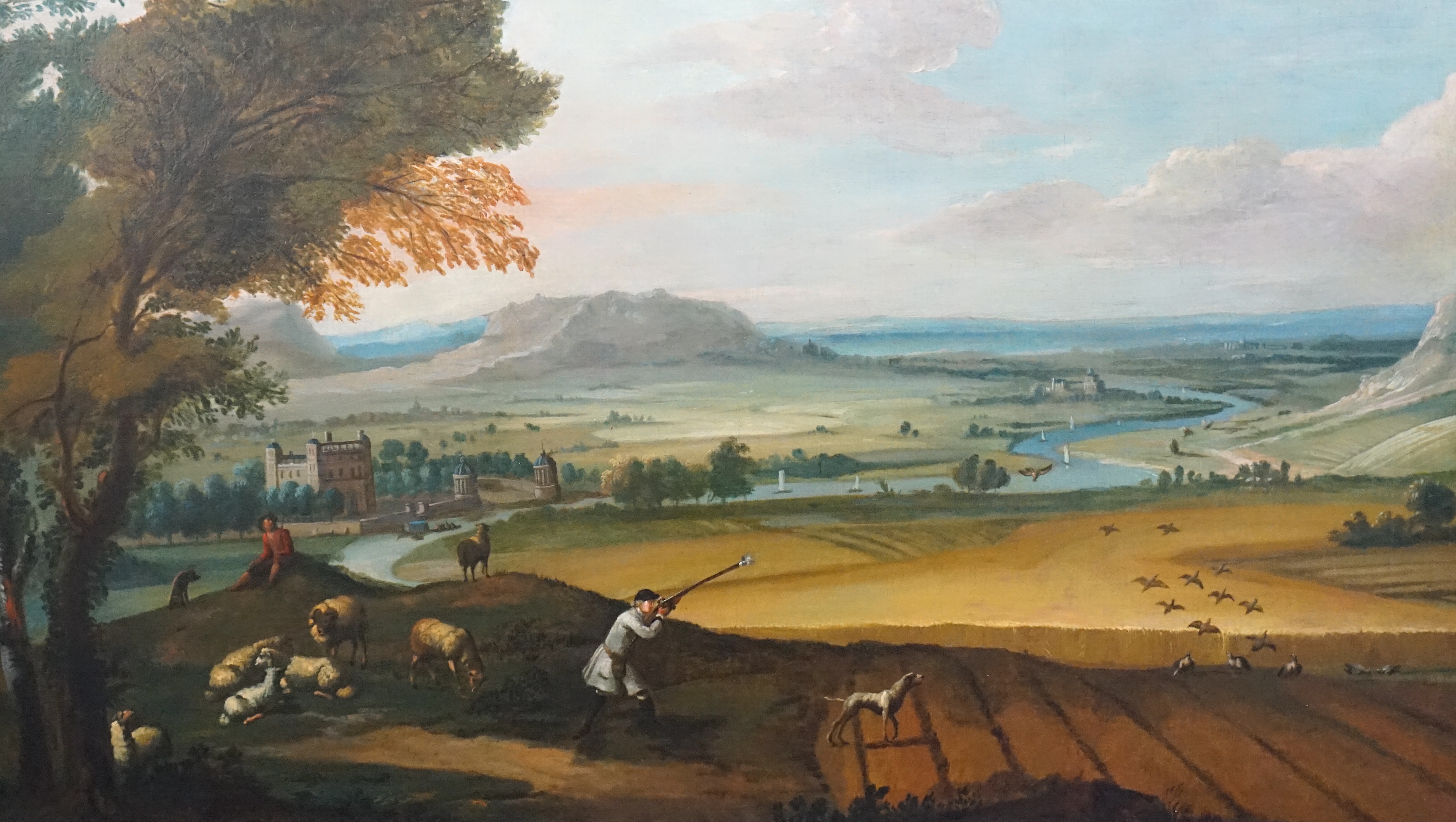 Attributed to John Wootton (English, 1682-1764), Partridge shooting with a view on the upper Avon, oil on canvas, 76 x 131cm